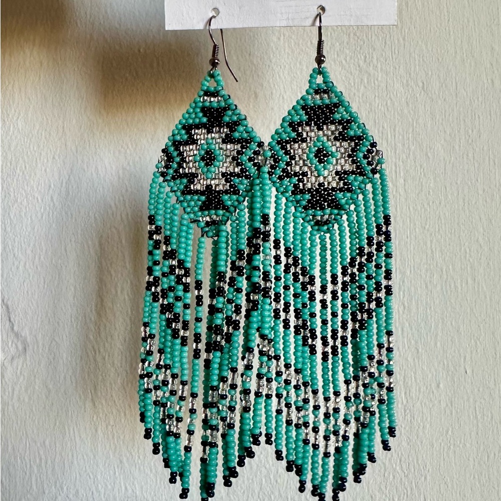 Handcrafted Beaded Earrings in Turquoise and Black